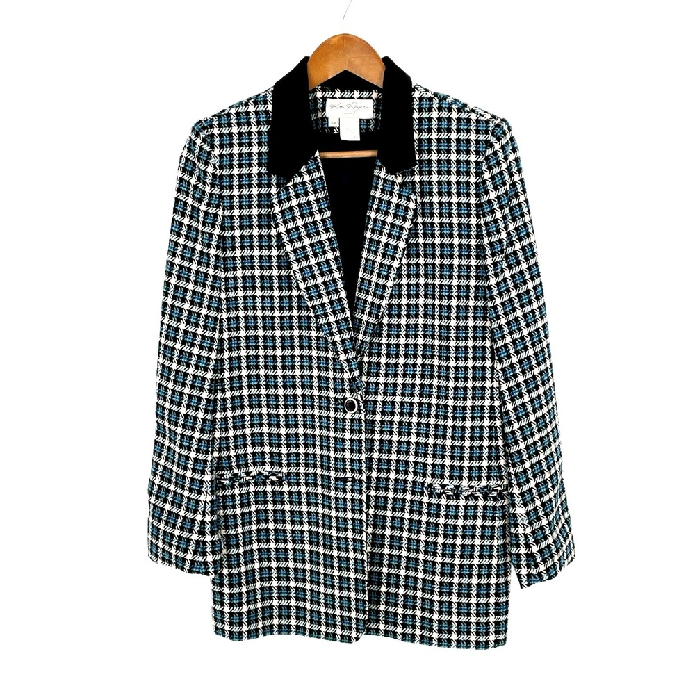 VTG Kim Rogers Blazer 10P Wool Blend Blue‎ Plaid Black Velvet Collar